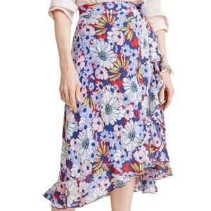 Anthropologie Maeve Sybil Floral Ruffle Wrap Skirt Daisies  Purple Pink Size M